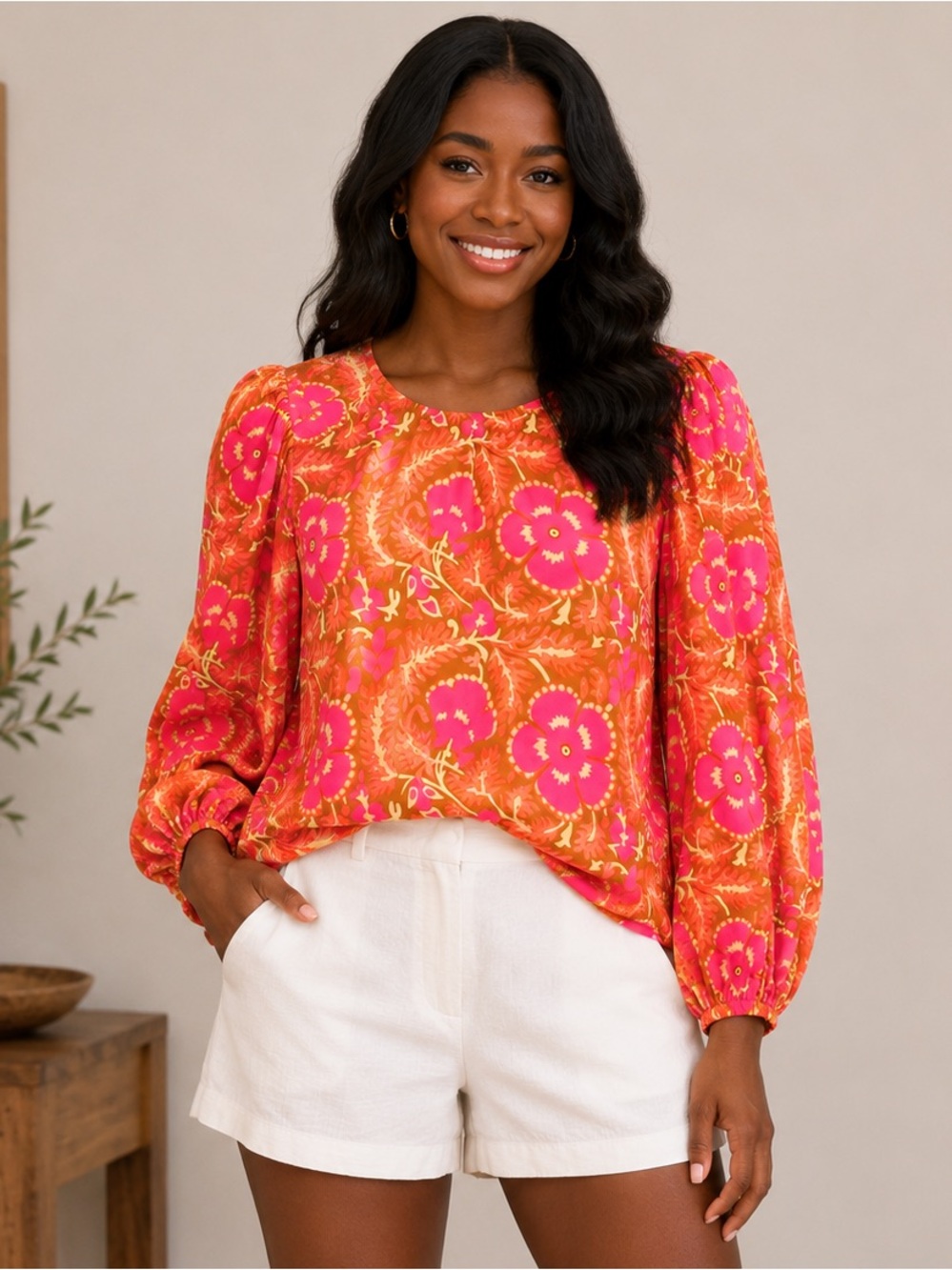 Cleobella Floral Puff Sleeve Blouse Pink Orange Boho Resort Top Size XS